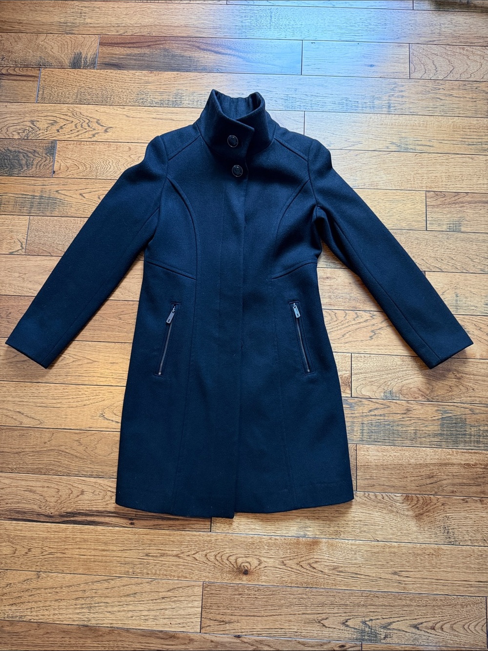 Women’s Black Button Up Wool-Blend Stand Collar Coat